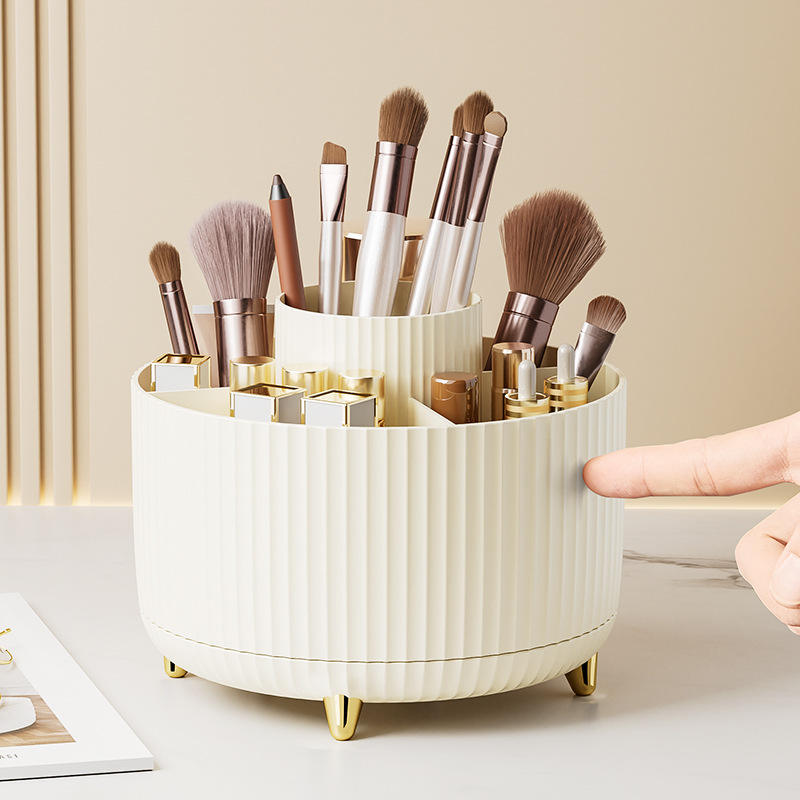 360° Rotating Makeup Brush Organizer Plastic Cosmetic Storage with 5 Compartments - Multi-Functional Cosmetic Box